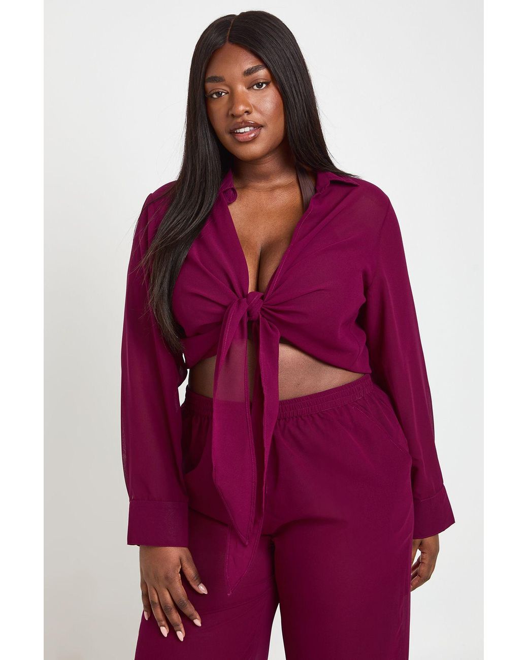 Boohoo Red Plus Chiffon Tie Front Shirt