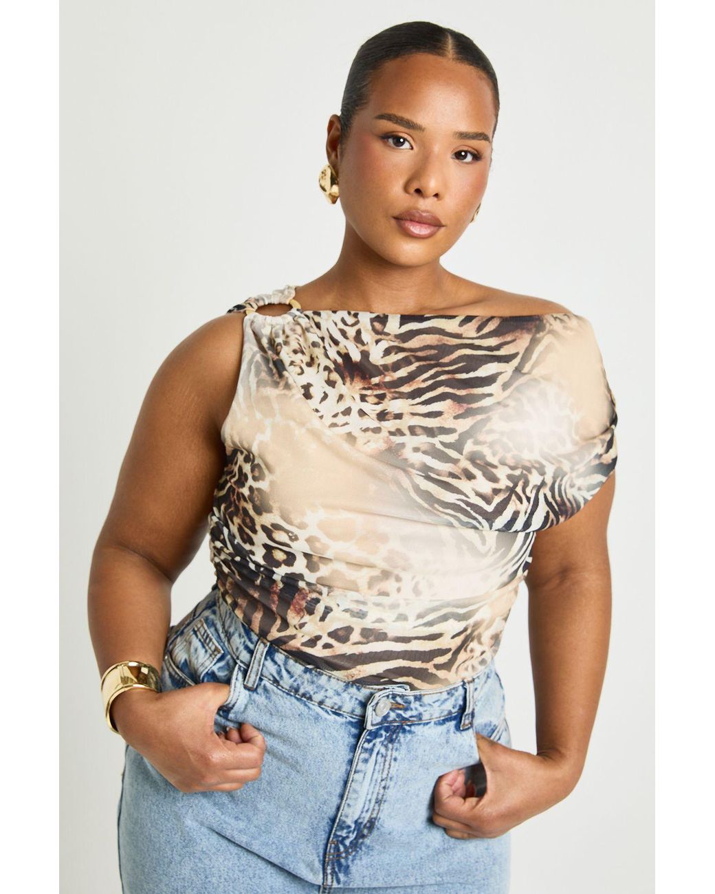 Boohoo Black Plus Animal Asymmetric Ruched Top