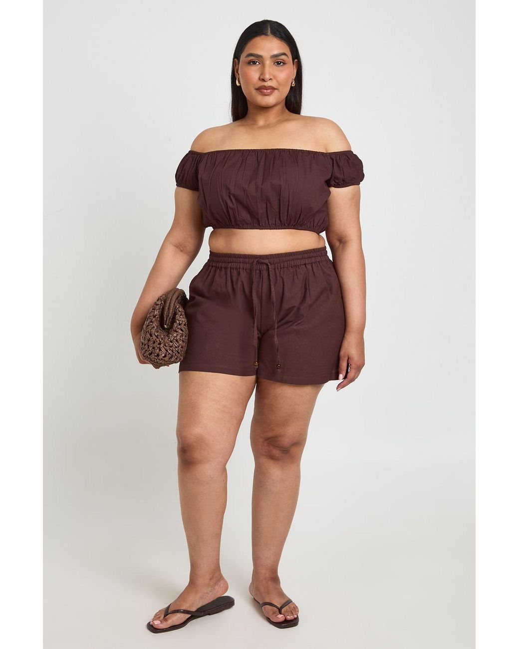 Boohoo Red Plus Linen Beaded Trim Elasticated Waist Short