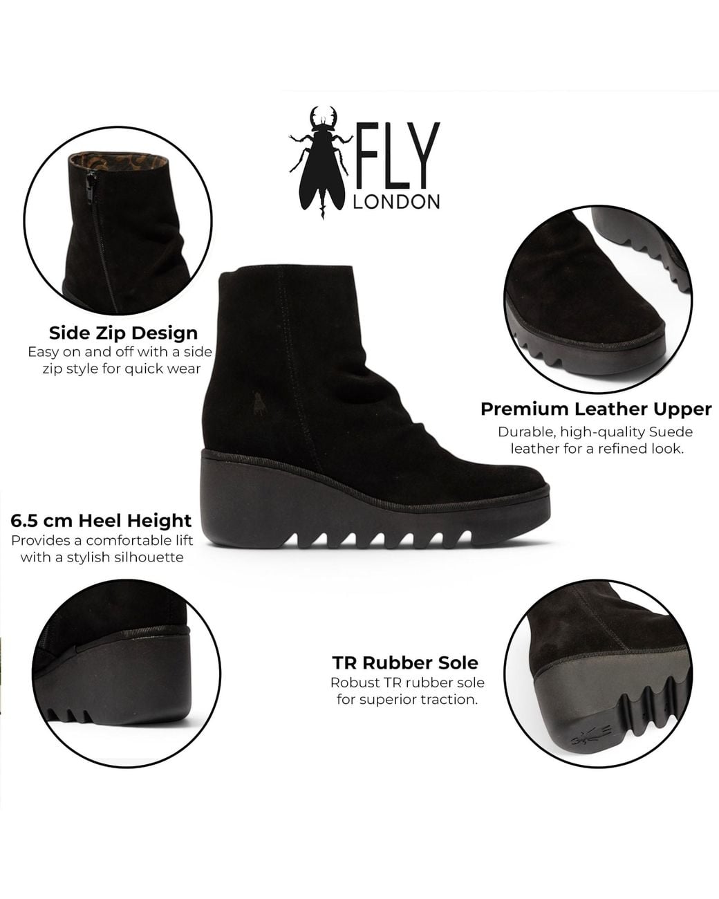 Fly London Black Suede Leather Wedge Heel Platform Ankle Boots