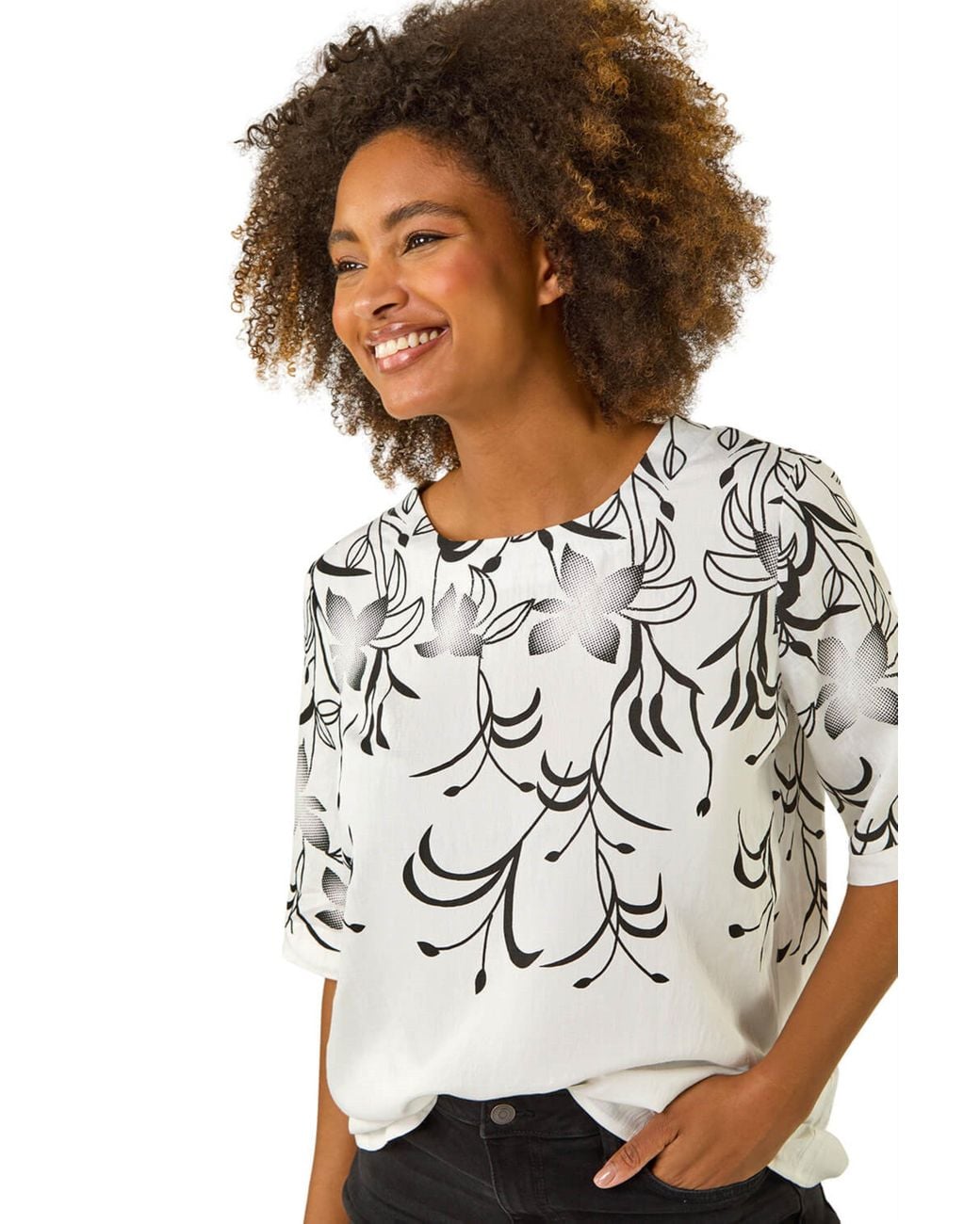 Roman White Floral Mono Print Top