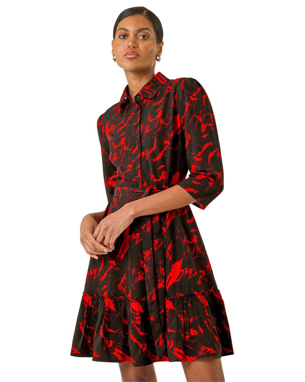 Roman Red Abstract Print Tie Waist Shirt Dress