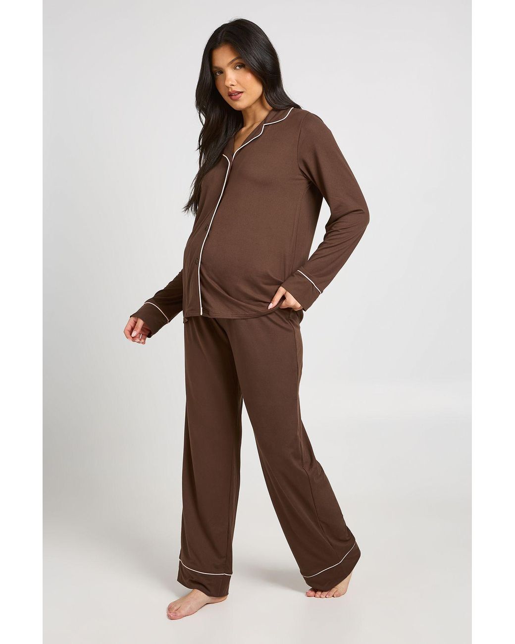 Boohoo Brown Matenity Piping Detail Long Sleeve Shirt & Trouser Pyjama Set