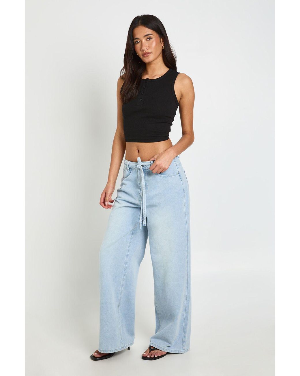 Boohoo Blue Tie Waist Wide Leg Jean