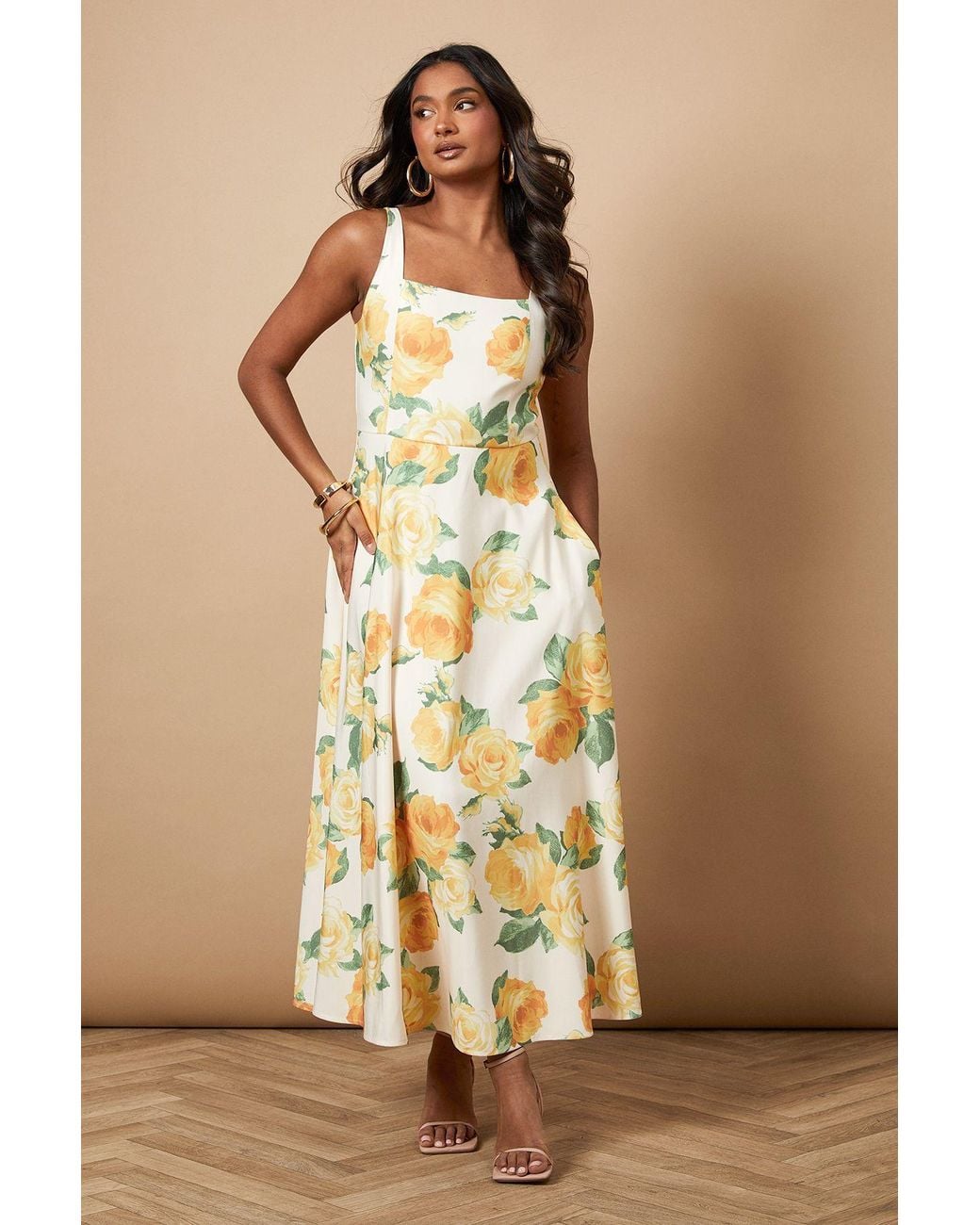 Oasis Natural Floral Square Neck Maxi Dress