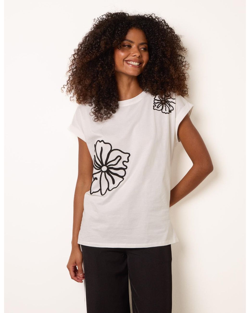 Blue Vanilla Pink T-Shirt With Big Floral Embroidery