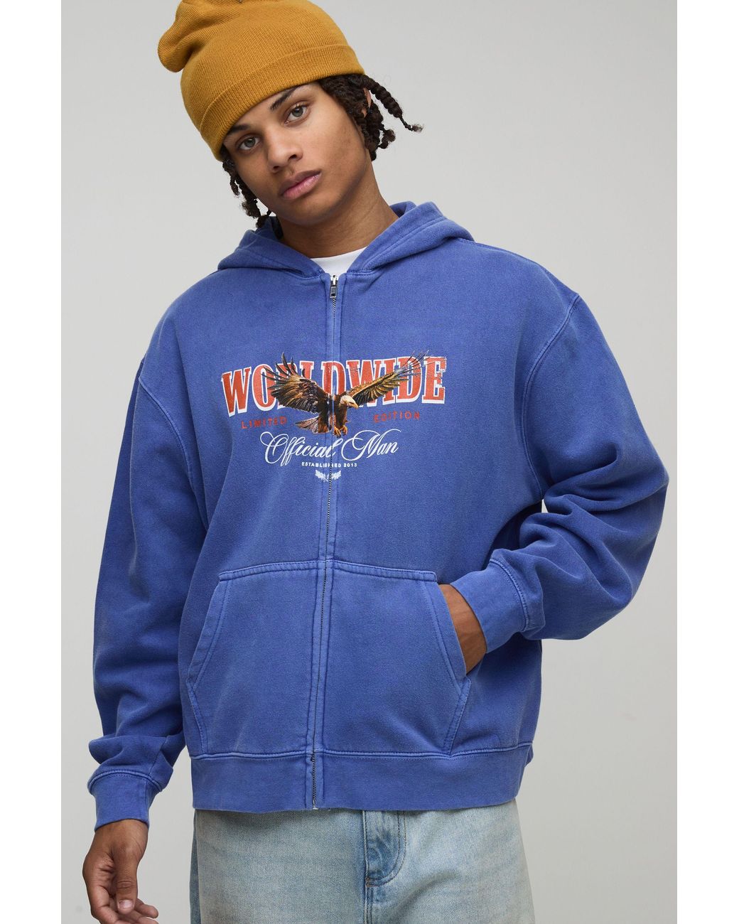 BoohooMAN Blue Oversized Boxy Zip Through Eagle Washed Printed Hoodie Cotton for men