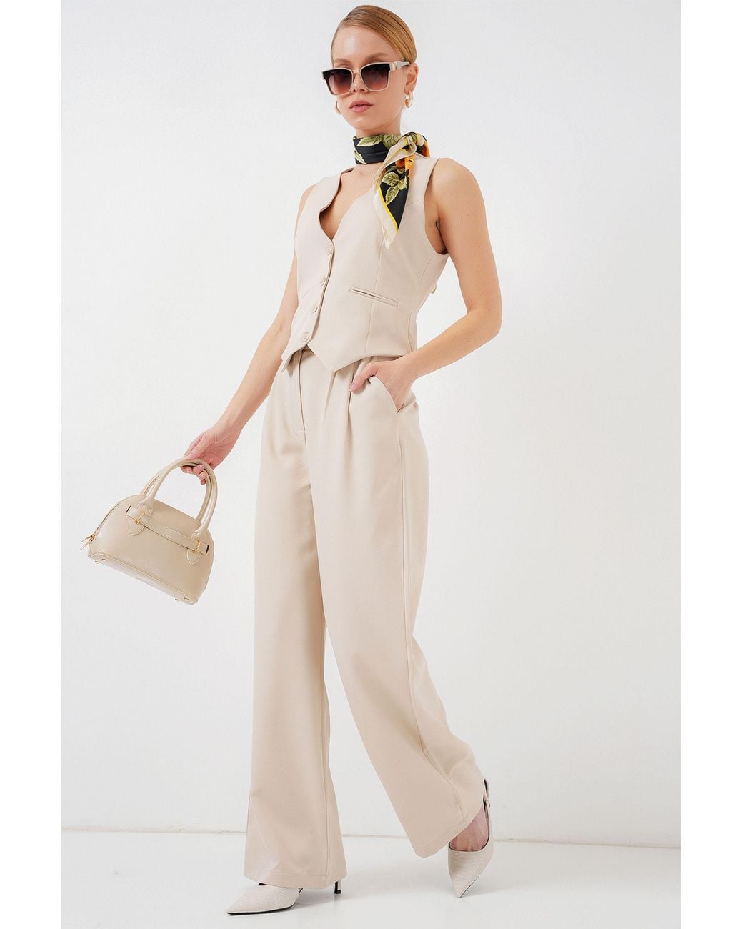 Bigdart Natural V-Neck Buttoned Two-Piece Coord Set
