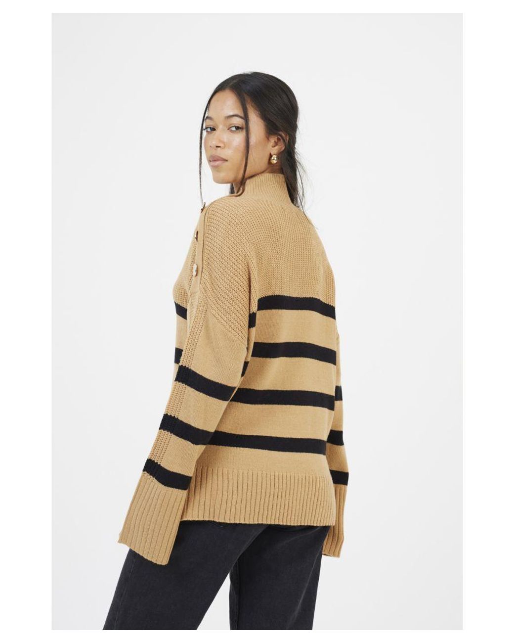 Brave Soul Natural Striped Turtleneck Jumper With Button Detail