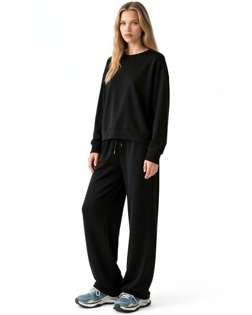 Hiccup Black Modal Touch Basic Sweatshirt & Wide Leg Pants Two-Piece Coord Set