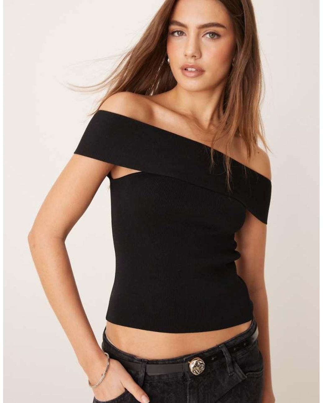 Gina Tricot Black Compact Knitted Top With Off Shoulder Detail