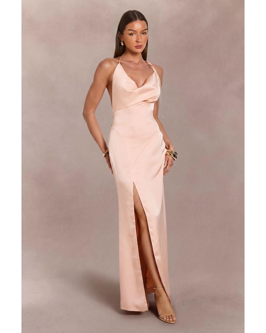 Boohoo Natural Satin Halterneck Cowl Neck Maxi Dress