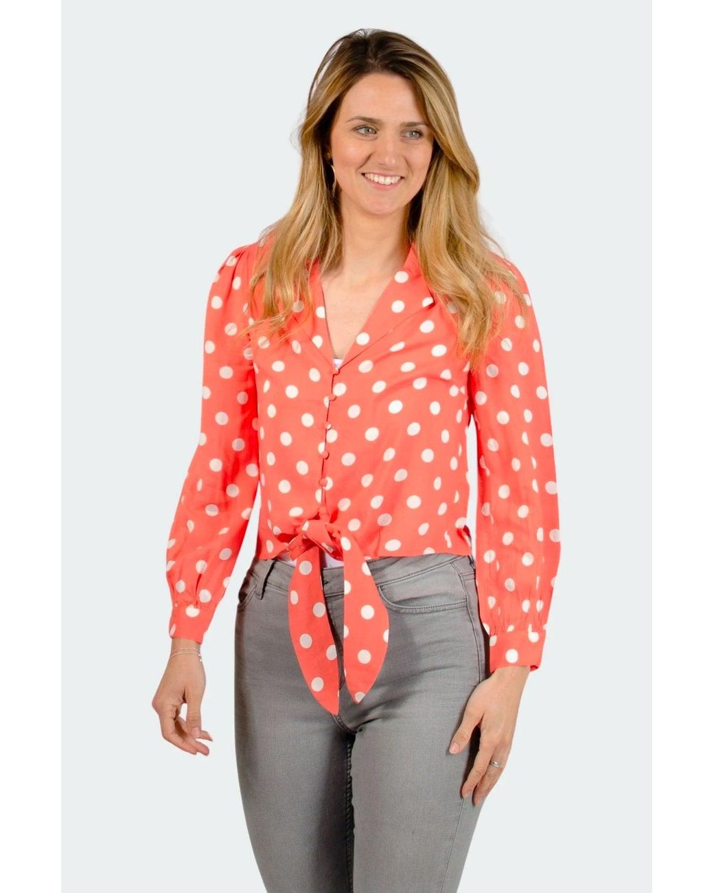 Oasis Red Coral Polka Dot Tie Front Blouse