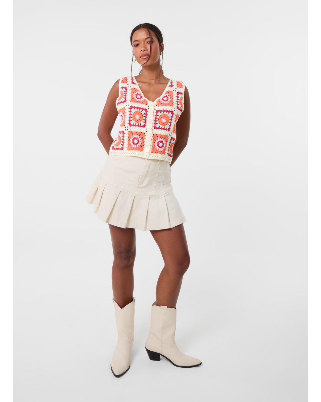 Pink Vanilla Red Patchwork Crochet Waistcoat