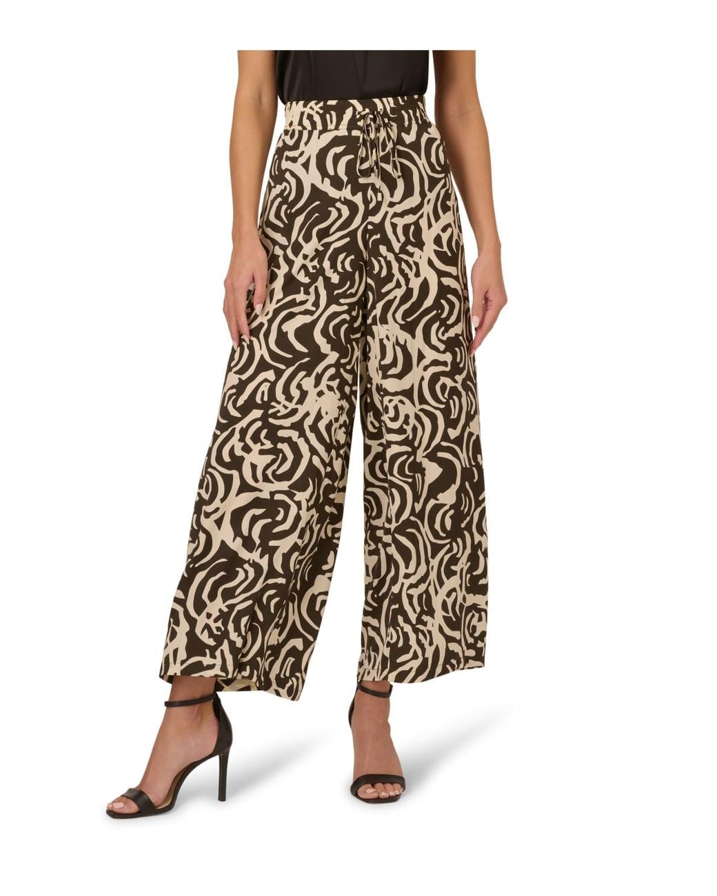Adrianna Papell Brown Printed Drawstring Waist Pull On Woven Trouser