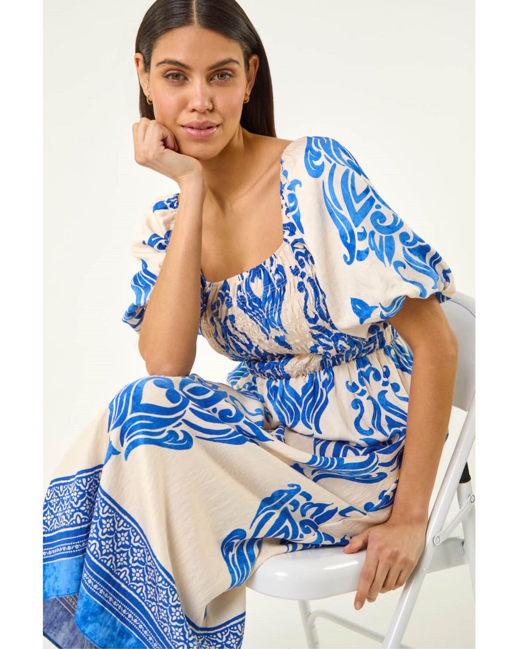 Roman Blue Abstract Print Shirred Midi Dress