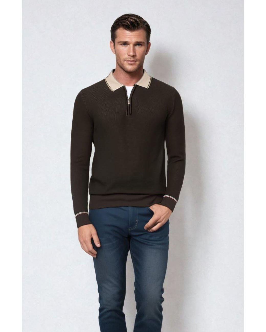 Secret Label Blue Contrast Collar Cotton Long Sleeve Polo for men
