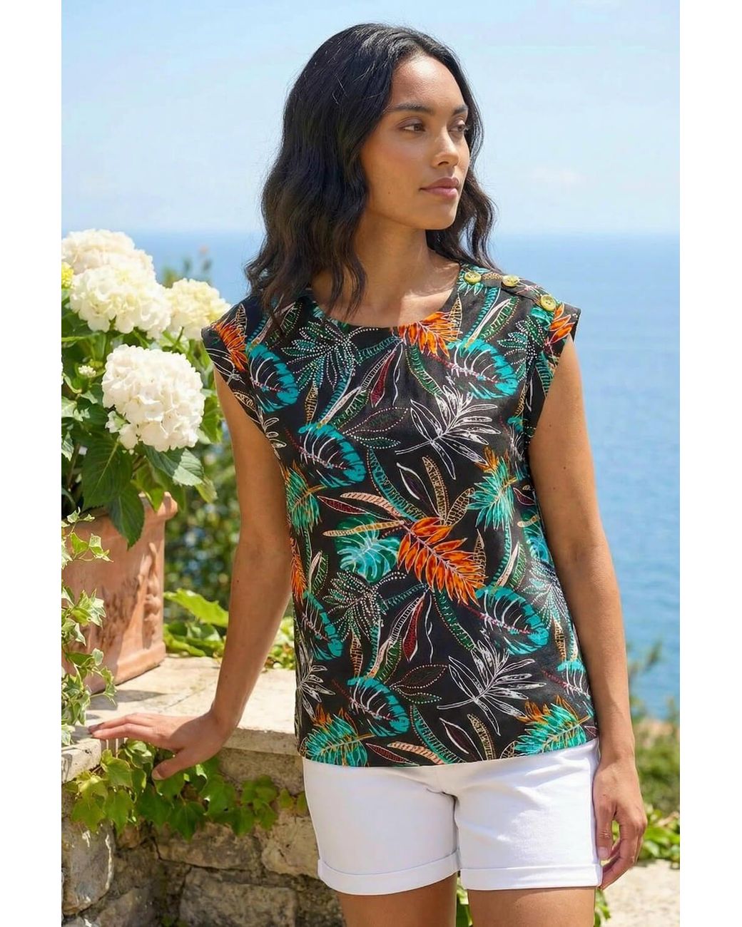 Roman Blue Palm Print Shell Top