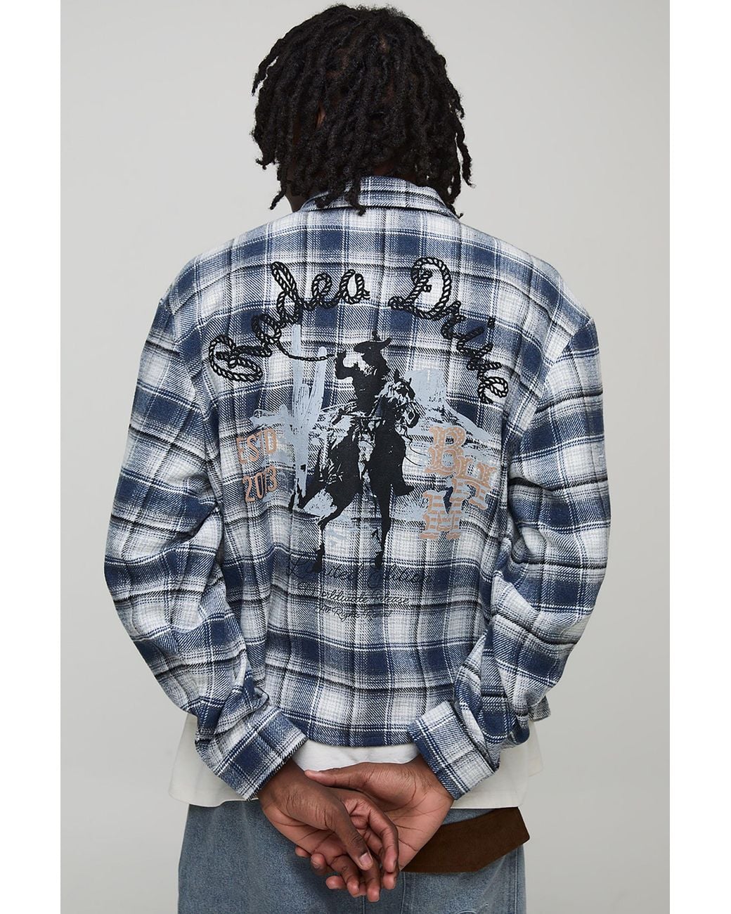 BoohooMAN Blue Oversized Boxy Western Embroidered Check Long Sleeve Shirt for men