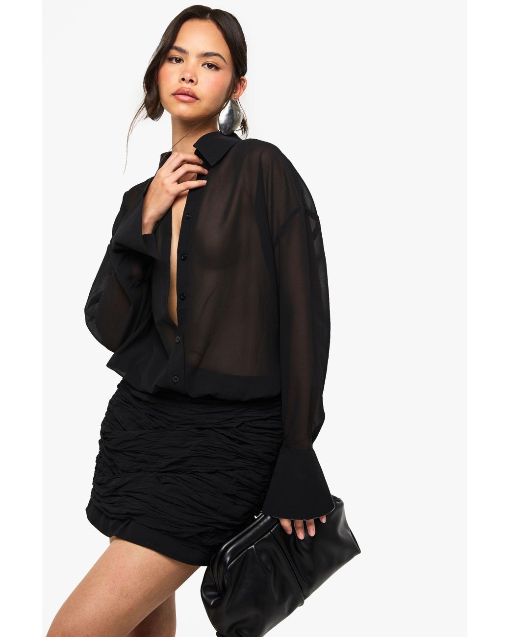 Boohoo Black Chiffon Drop Waist Ruched Shirt Dress