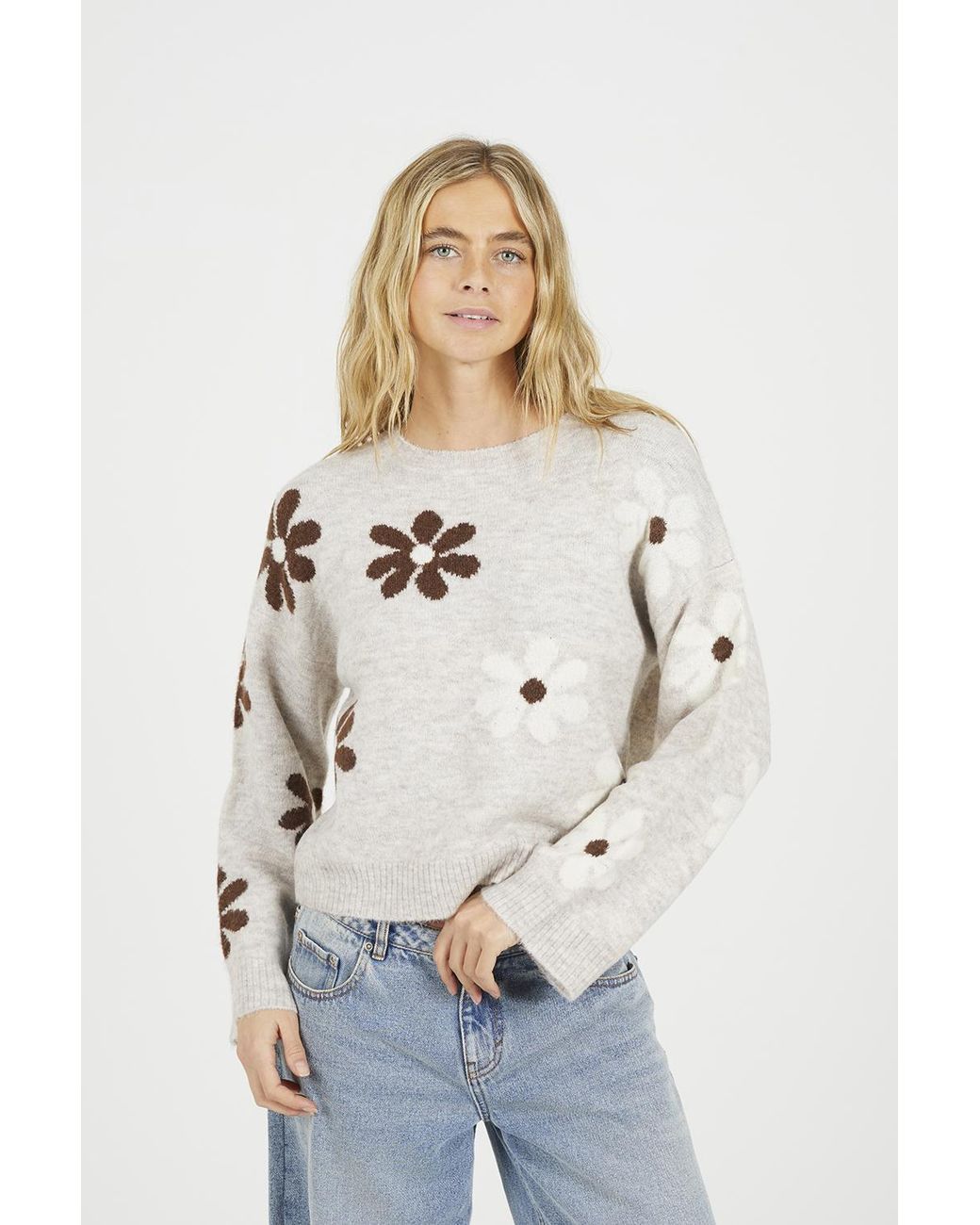 Brave Soul Natural Floral Jacquard Knit Jumper
