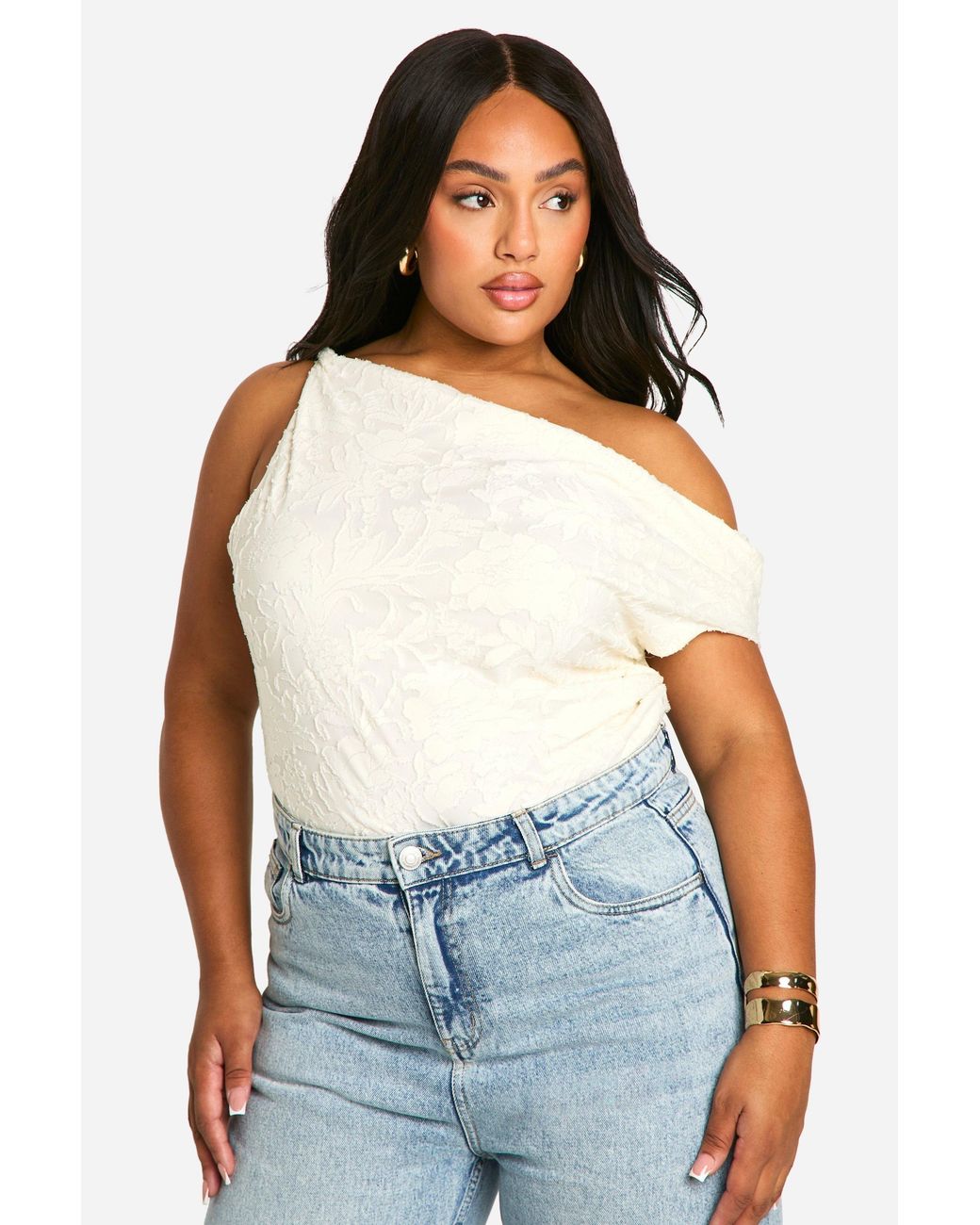 Boohoo White Plus Twist Detail Floral Jacquard Top