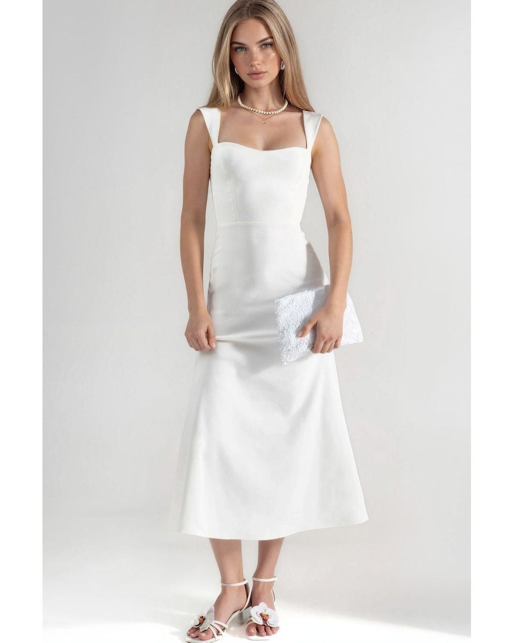 Hiccup White A-Line Midi Dress With Heart Neckline