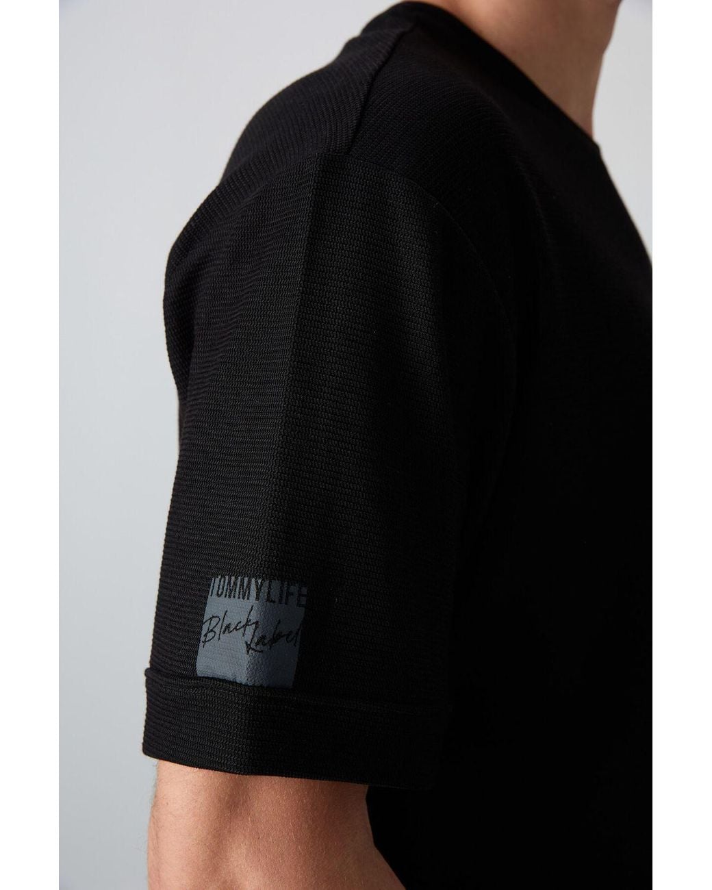TOMMY LIFE Black Oversized Crew Neck T-Shirt With Patch for men