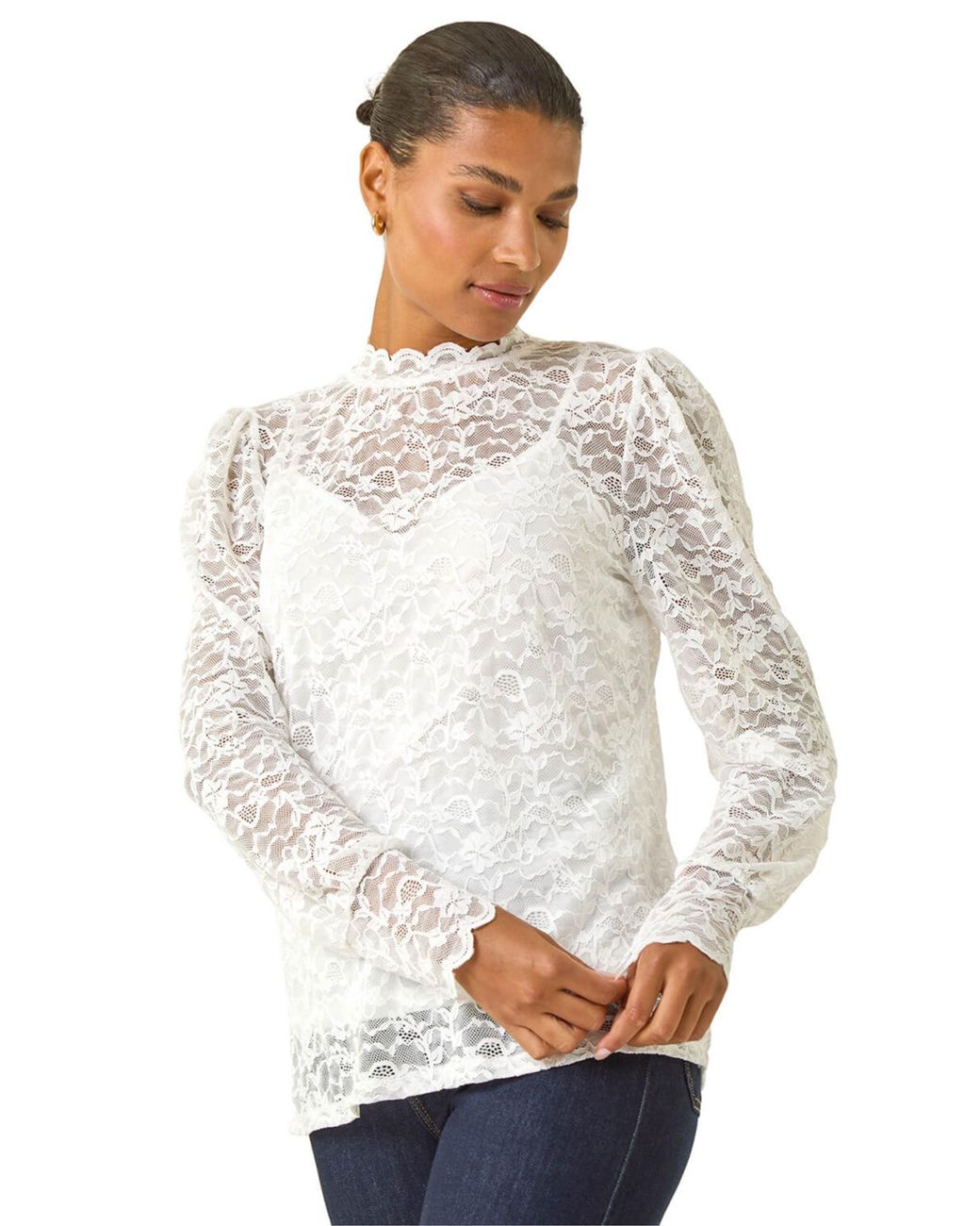 Roman White Lace Frill High Neck Stretch Top