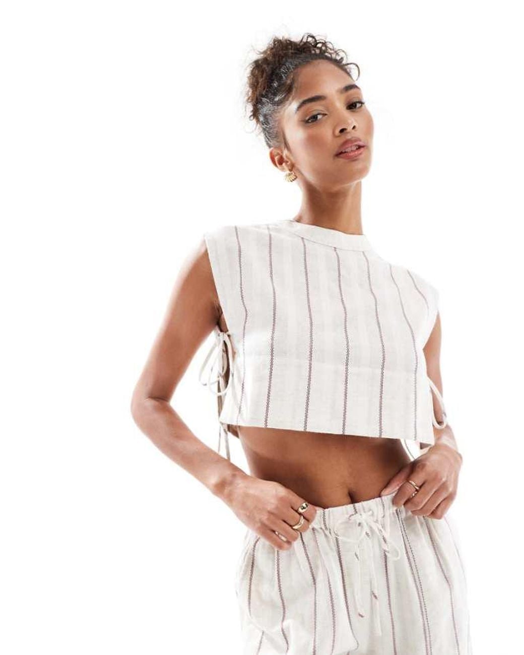 Native Youth White Striped High Neck Co-Ord Top