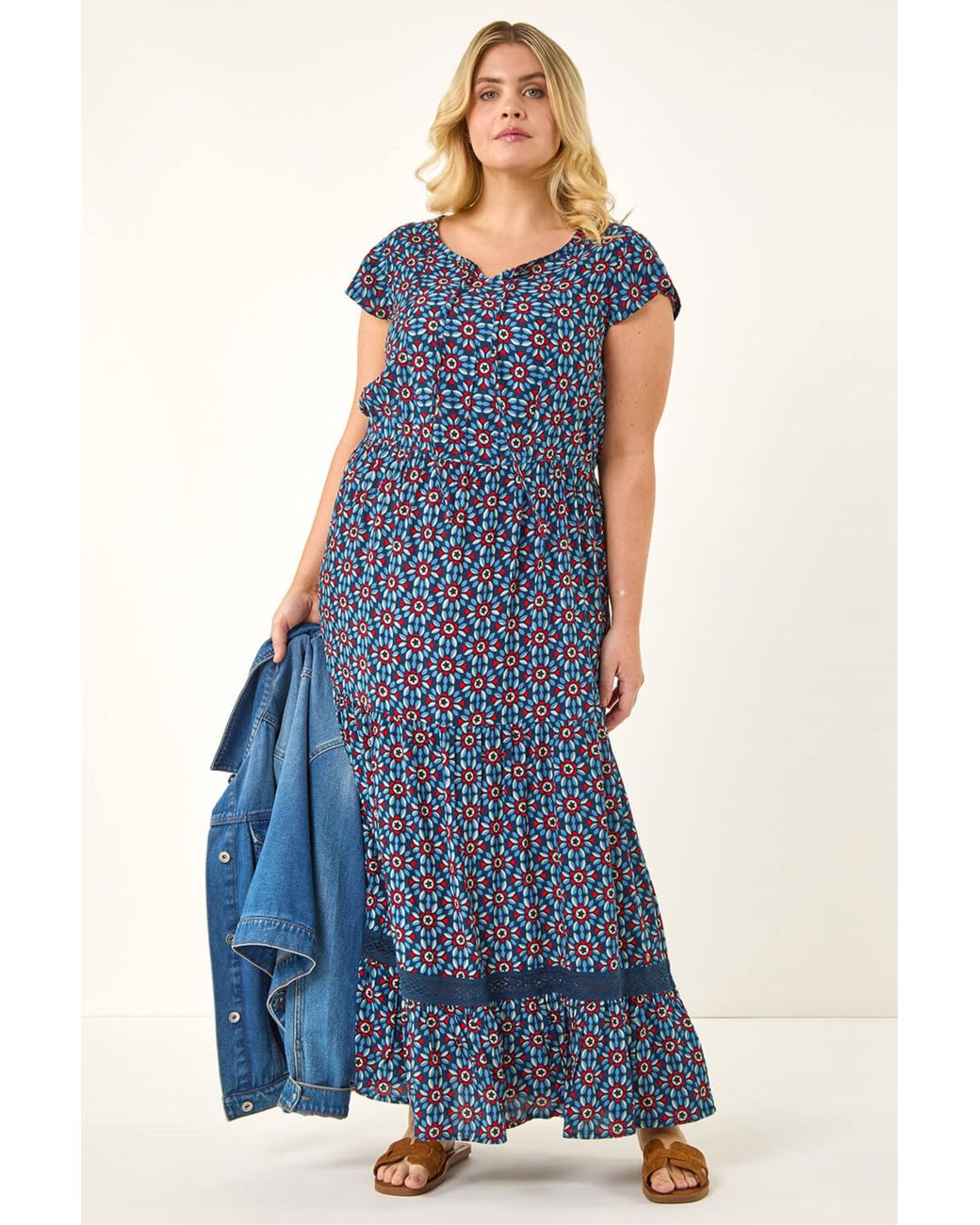 Roman Blue Curve Floral Print Swing Midi Dress