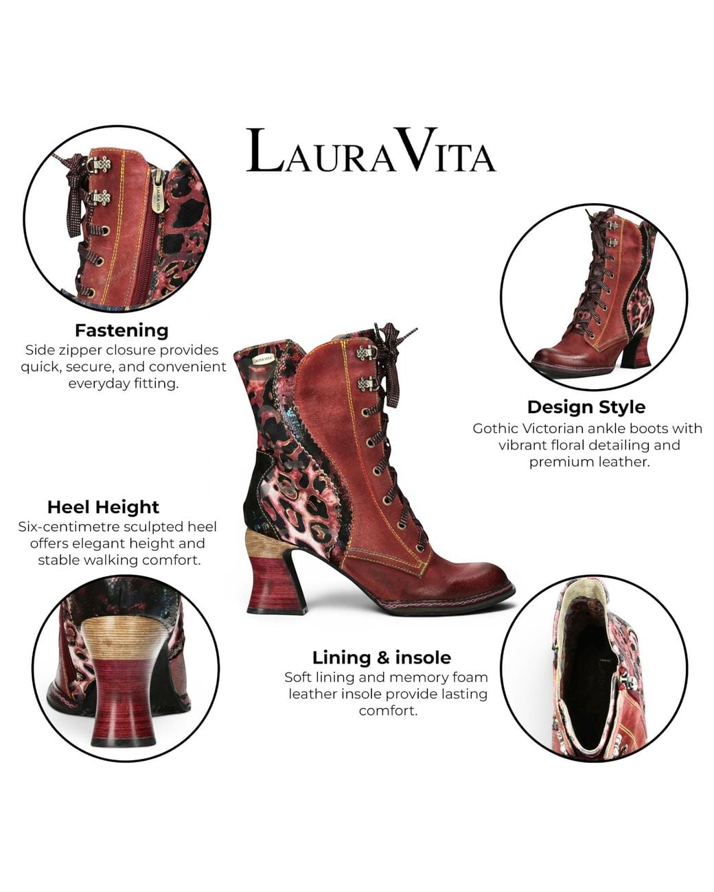 LAURA VITA Red Goth Victorian Floral Leather Lace-Up Heeled Boots