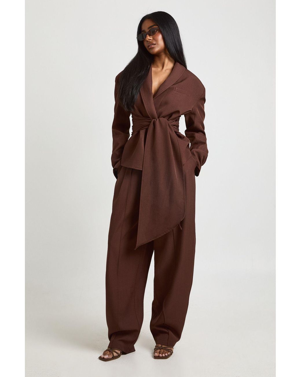Boohoo Brown Obi Tie Waist Blazer