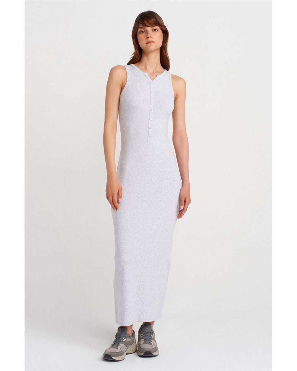 Dilvin White Ribbed Cotton Blend Sleeveless Maxi Dress