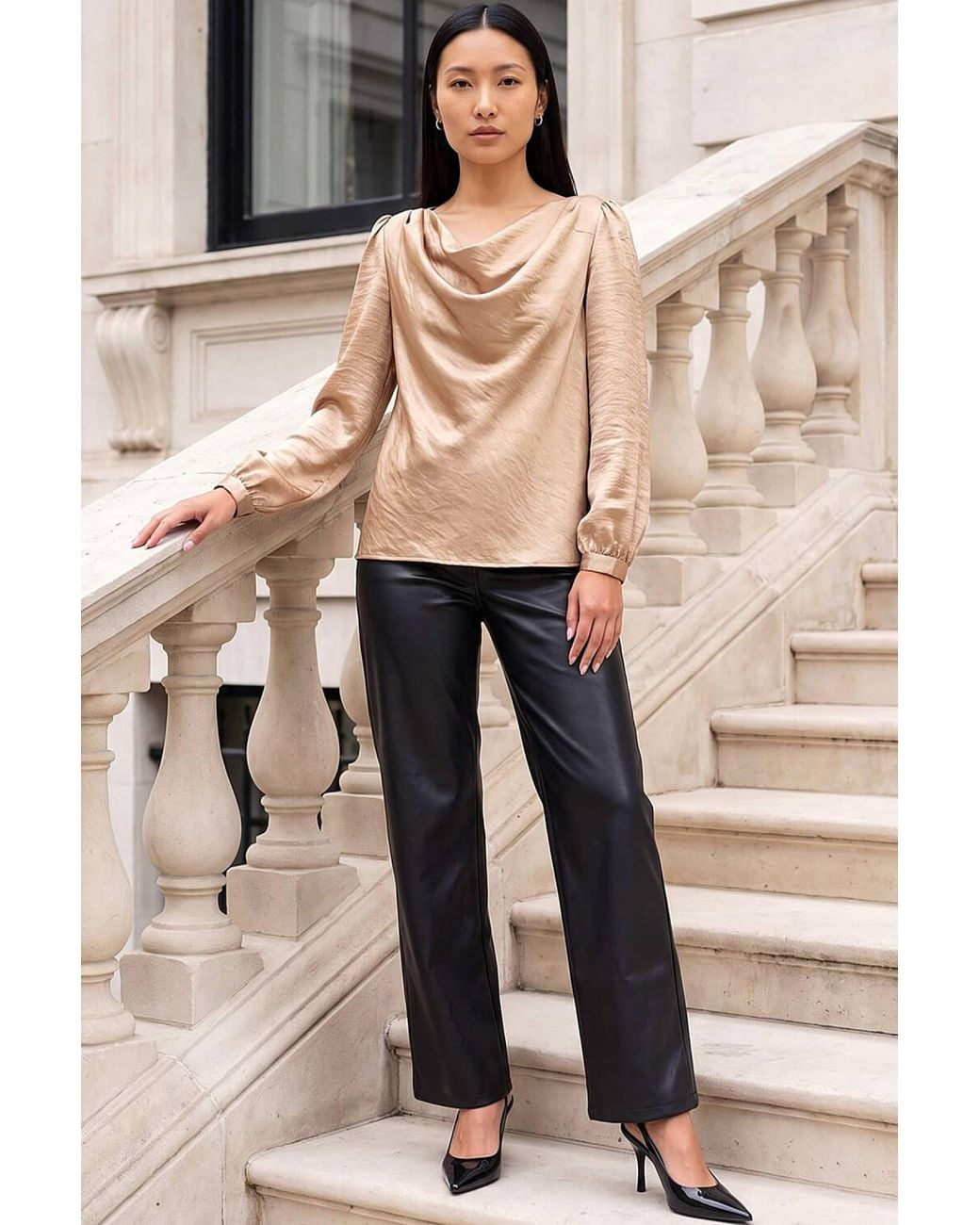 Roman Natural Satin Cowl Neck Top