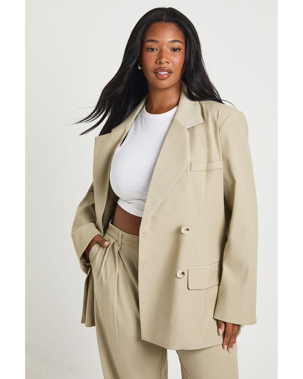 Boohoo Natural Plus Oversized Horn Button Blazer