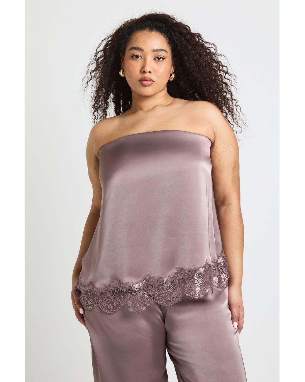 Boohoo Purple Plus Lace Hem Satin Floaty Bandeau Top