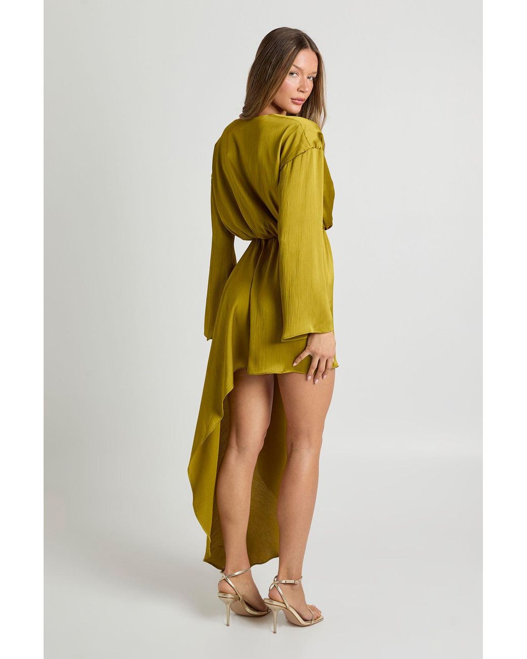 Boohoo Yellow Textured Satin Draped Wrap Mini Dress