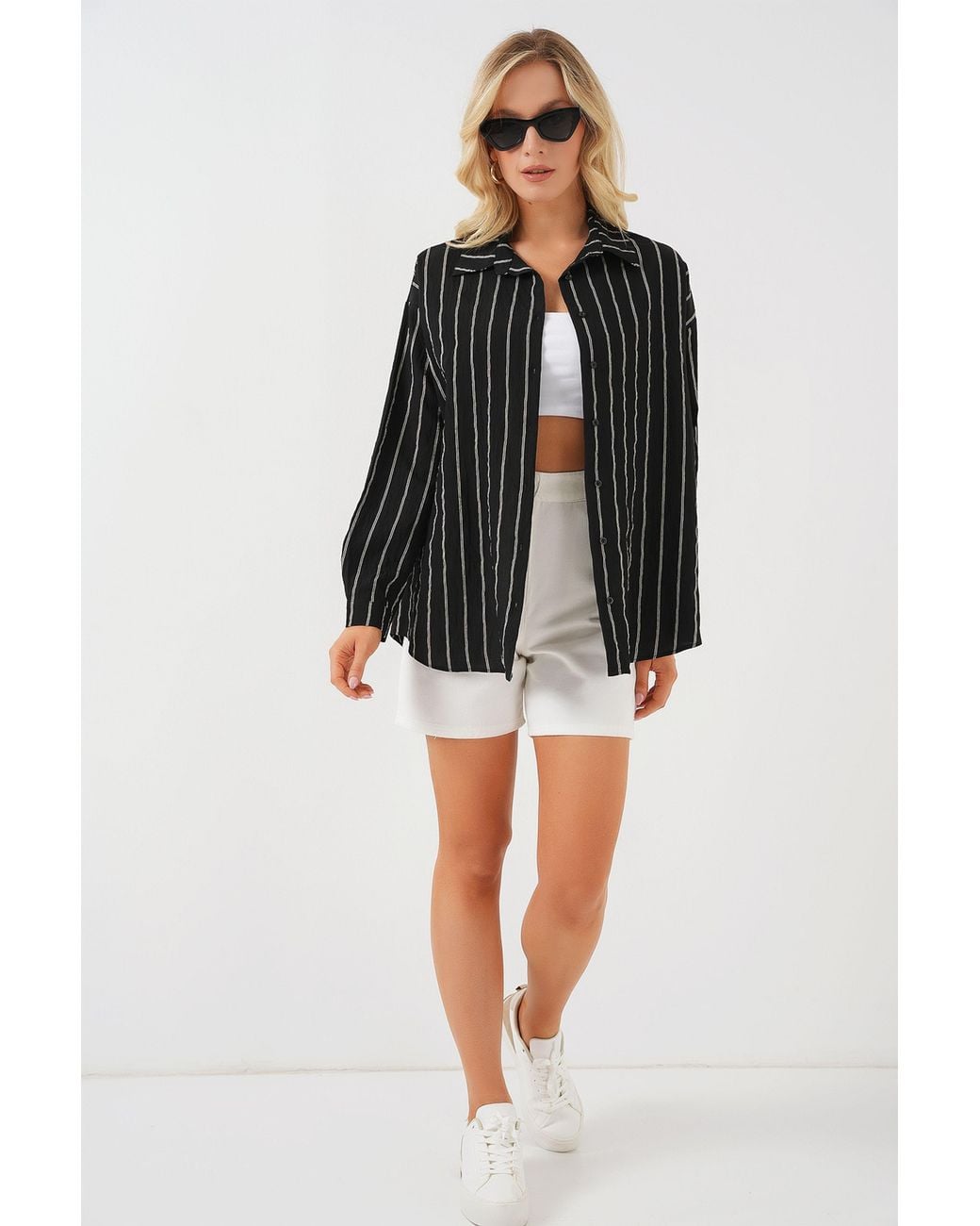 Bigdart Black Textured Striped Oversized Shirt With Button Closure