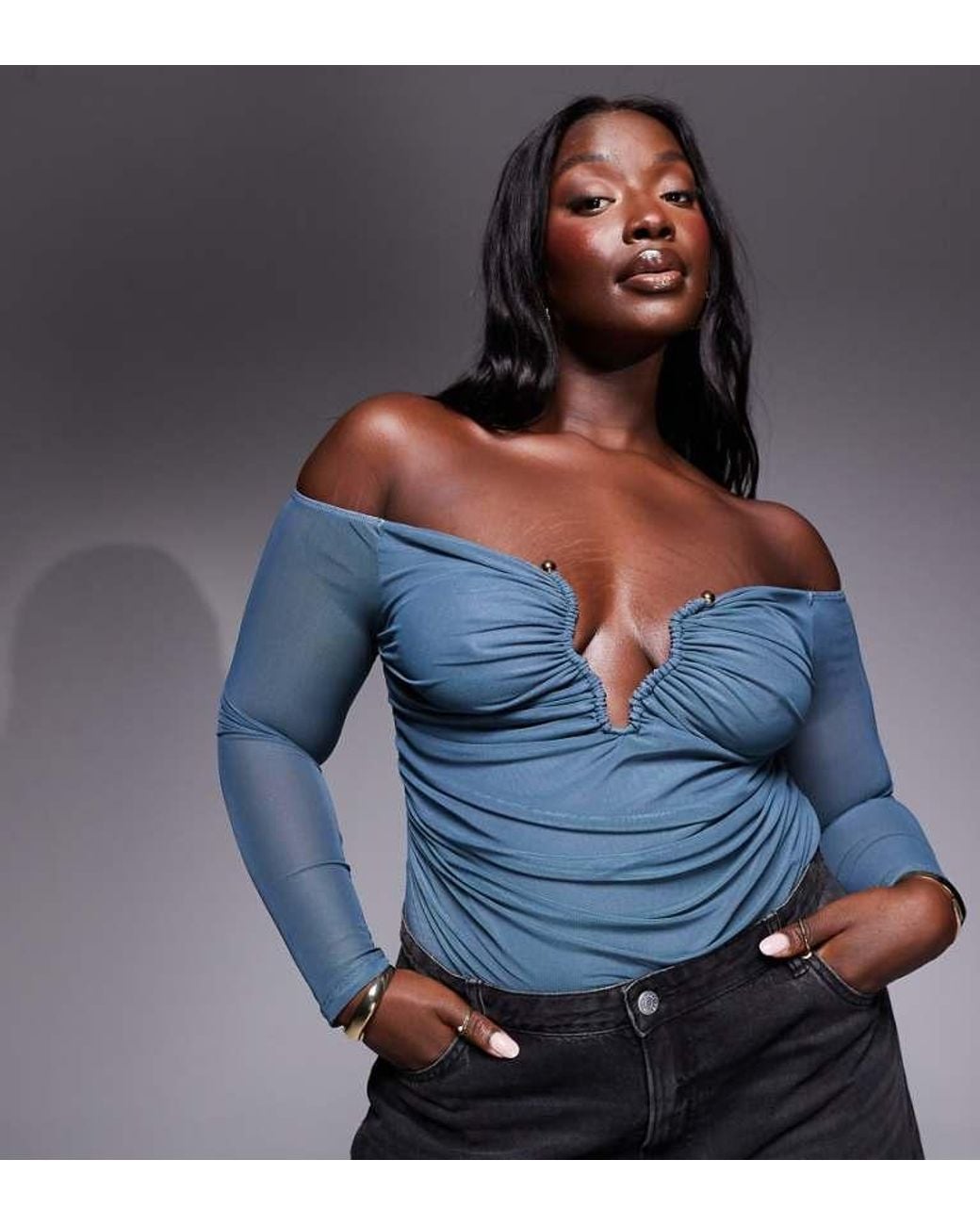 ASOS Blue Design Plunge Trim Mesh Off Shoulder Bodysuit