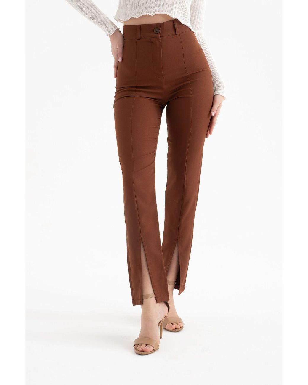 Hiccup Brown High Waist Slit Straight Leg Trousers