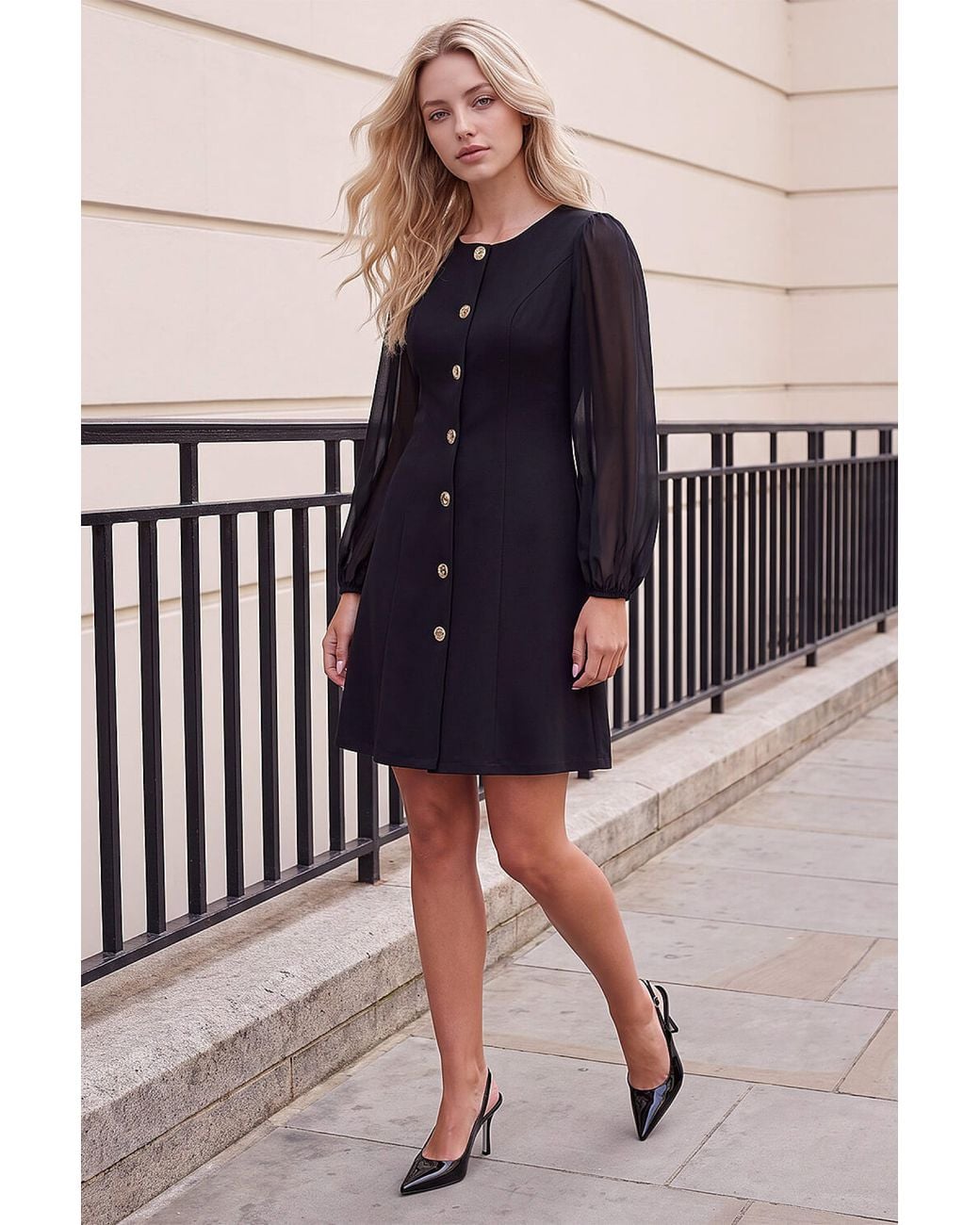 Roman Black Petite Button Down Dress