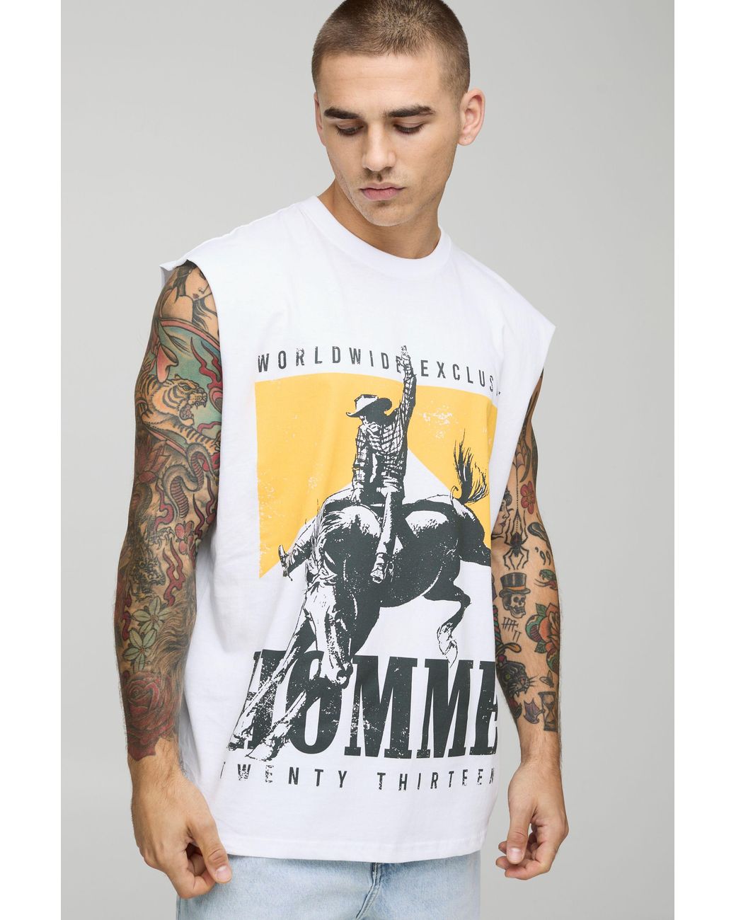 BoohooMAN White Oversized Homme Western Graphic Tank for men