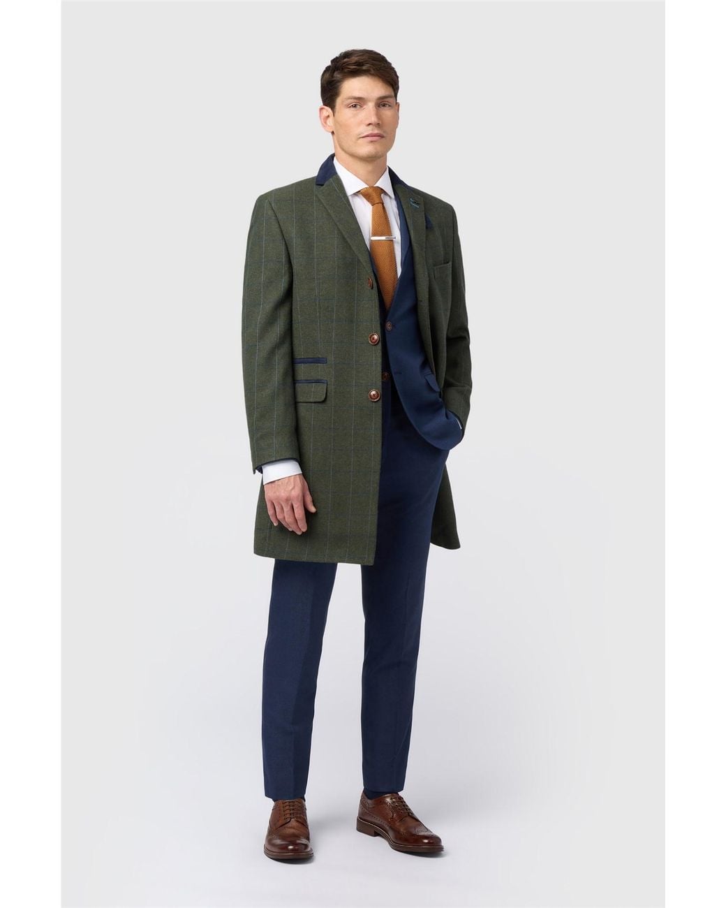 Antique Rogue Green Single Breasted Long Sleeve Three Button Checked Overcoat for men