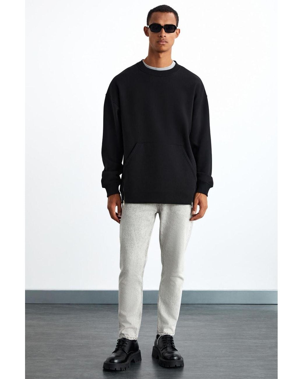 Grimelange Black Crew Neck Zip Pocket Sweatshirt for men