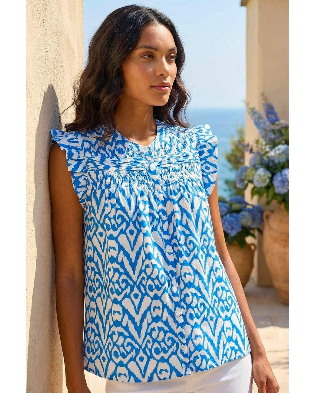 Roman Blue Abstract Print Pleated Sleeve Blouse