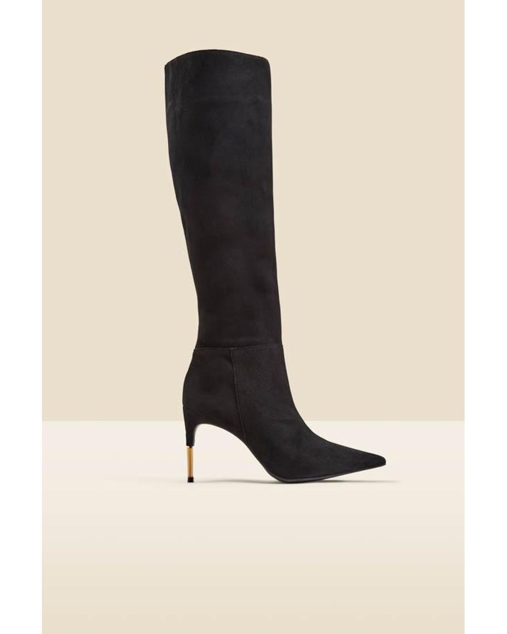 Sosandar Black Suede Knee High Boot With Heel Detail