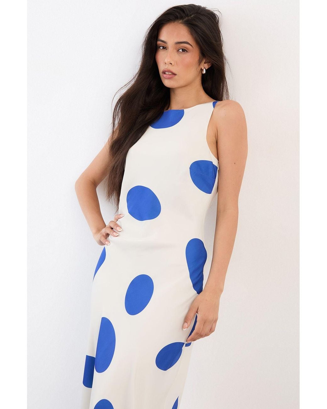 Warehouse Blue Polka Dot Scoop Back Racer Maxi Dress