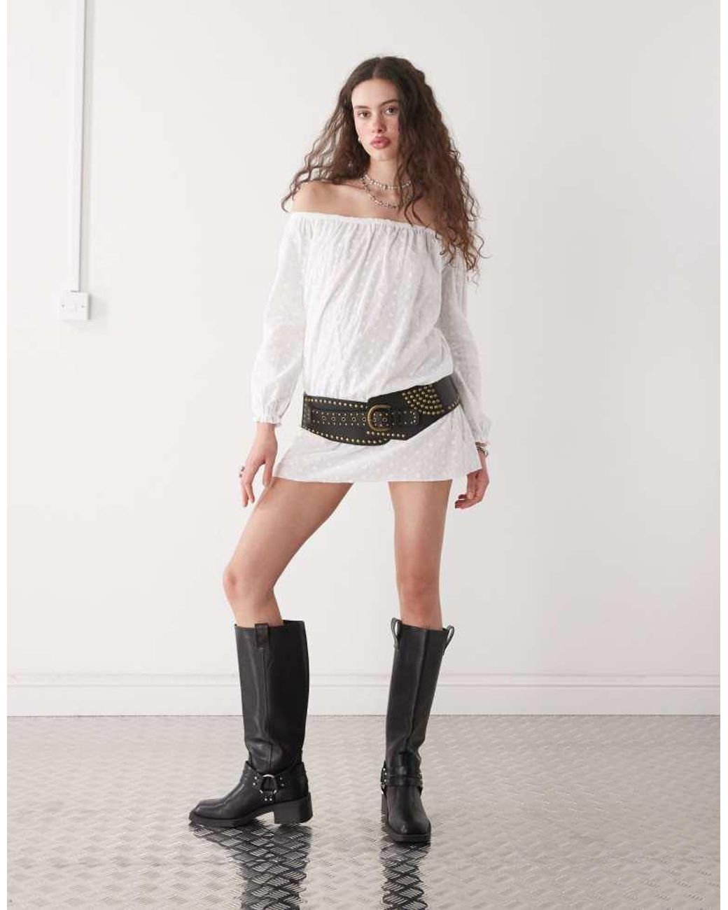 Motel Natural Melisandre Broderie Off-Shoulder Mini Smock Dress