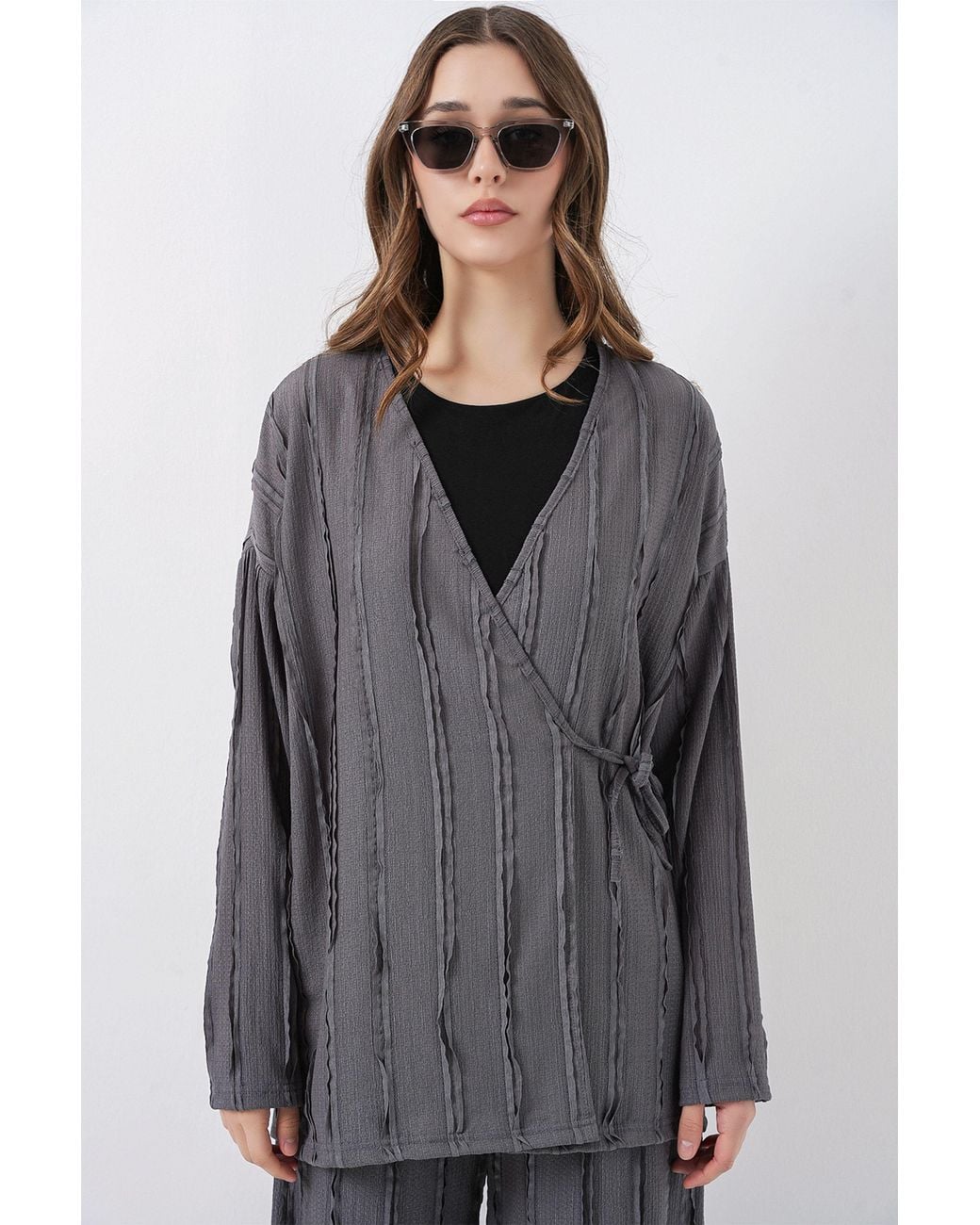 Bigdart Gray Textured V-Neck Tie Detail Kimono & Wide Leg Pants Set
